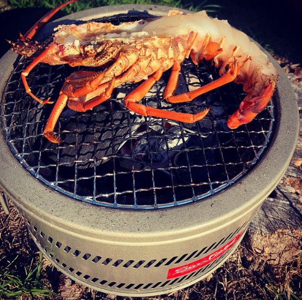 A hibachi grill cooking lobster